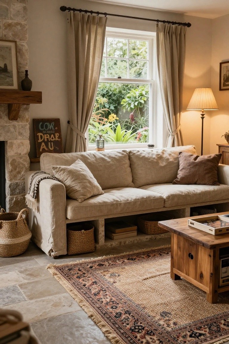 Light beige linen sofa with built-in under-seat storage cubbies containing wicker baskets and books, wooden coffee table, stone fireplace wall, and large window with garden view in a cozy living room.