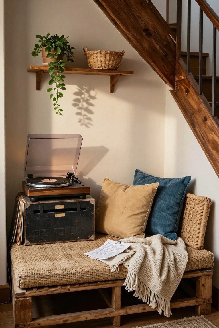 Wooden stairs with a nook underneath containing a pallet bench with beige and blue cushions, a vintage record player on a wooden crate, stacked records, hanging plants, and shelves with a basket.