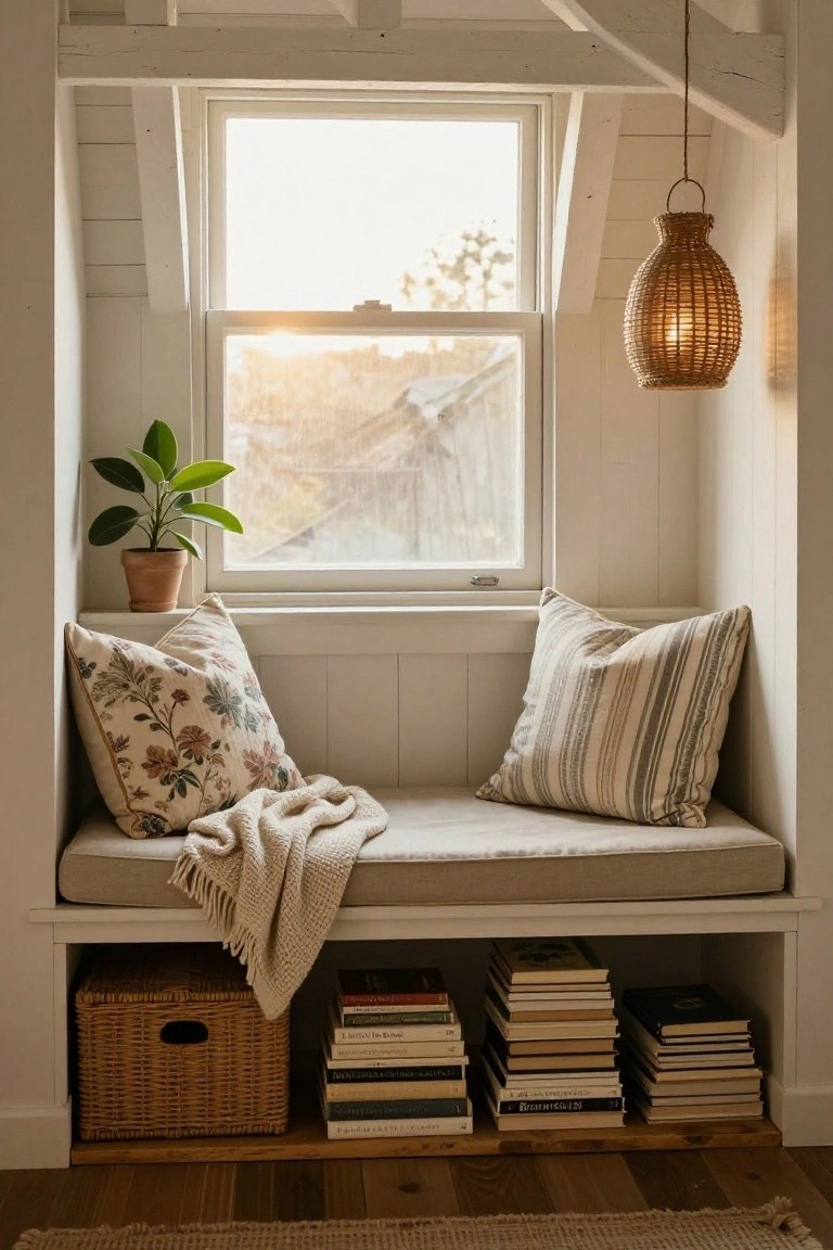 A built-in window bench seat in a white shiplap nook with floral and striped pillows, knit throw blanket, potted plant on the sill, stacks of books and woven basket in under-seat shelves, and rattan lantern hanging above.