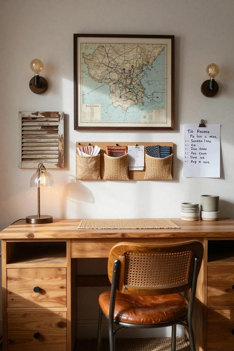 Wooden desk with rattan chair, wall-mounted woven baskets and corkboard for storage, vintage map in frame, and brass desk lamp in a white-walled room with wall sconces.