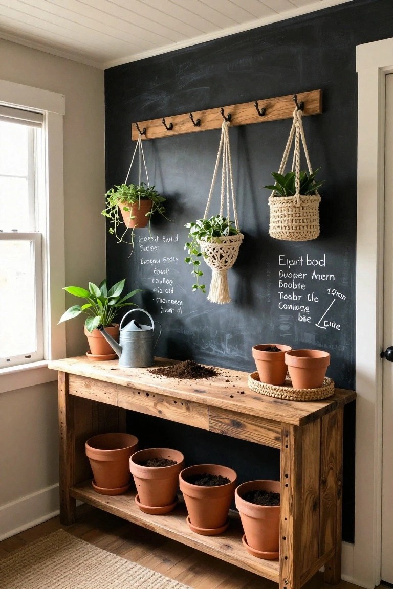 Wooden workbench in a light-filled indoor corner holding terracotta pots with soil, a metal watering can, potted plants, and a black chalkboard wall labeled with plant names like Croton and Pothos, with macrame hanging planters nearby.