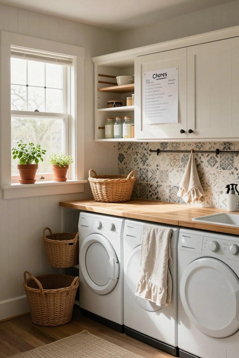 White washer and dryer units under a wooden countertop with sink in a laundry room, flanked by hanging and stacked wicker baskets, blue and white tiled backsplash, open shelves with jars, and potted herbs on the windowsill.