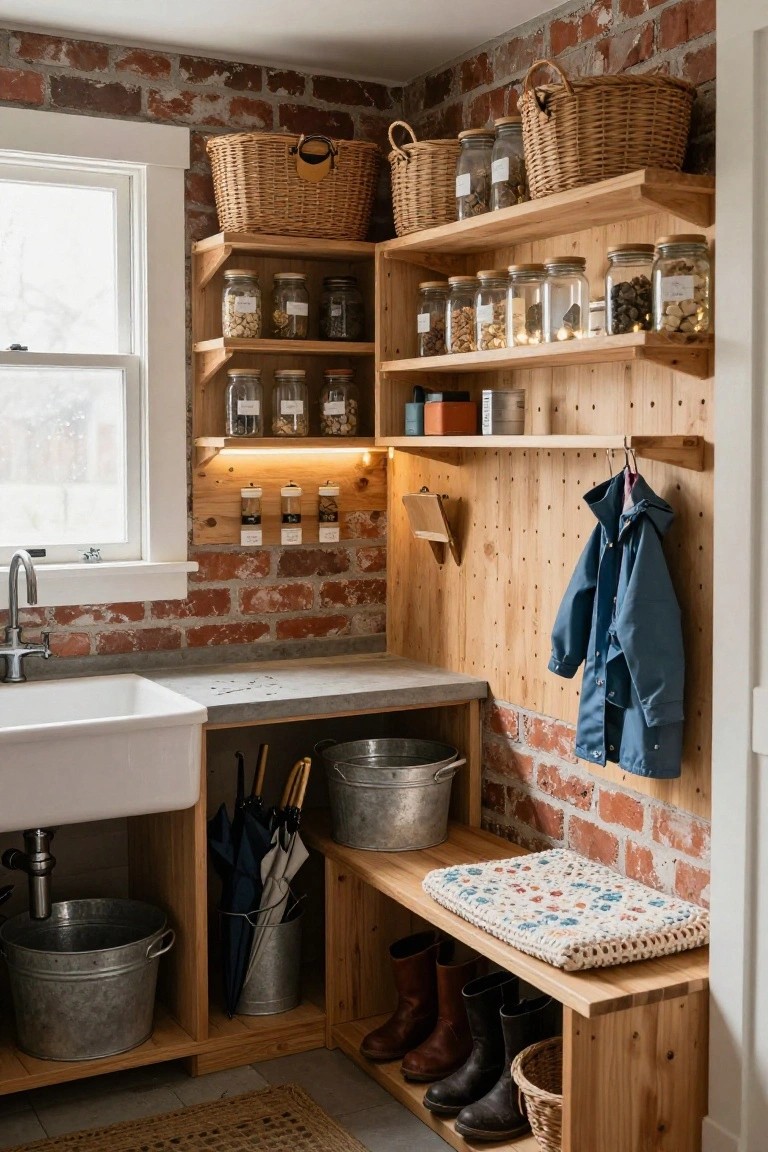 Exposed brick mudroom with wooden open shelves holding jars, baskets, and buckets, a white farmhouse sink, pegboard hooks with a blue coat, boot storage below, and umbrellas in a corner.