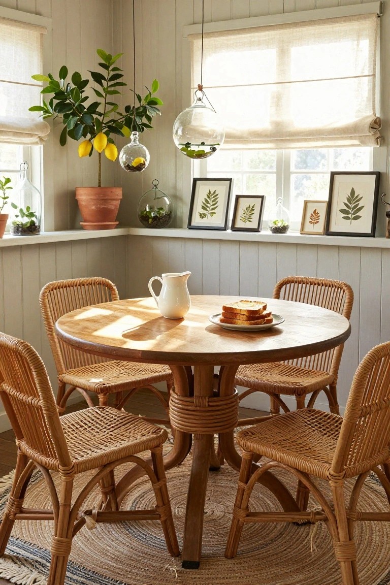 Light gray paneled walls in a sunny interior corner with linen window shades, hanging lemon tree in glass orb, potted plants and fern prints on shelves, white pitcher and plate of toast on round wooden table surrounded by rattan chairs on seagrass rug.