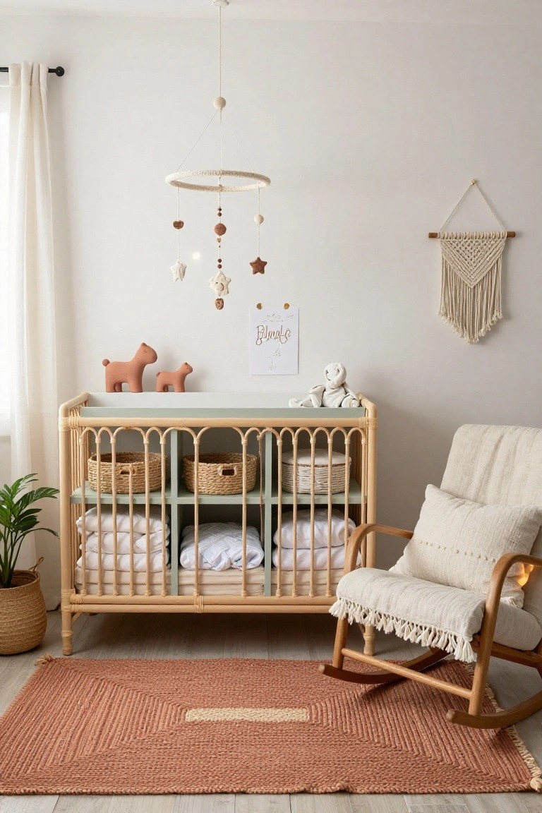 A nursery with a light green rattan crib and matching changing table holding woven baskets and folded linens, beside a beige rocking chair on a terracotta rug, with toys, a mobile, and potted plant.