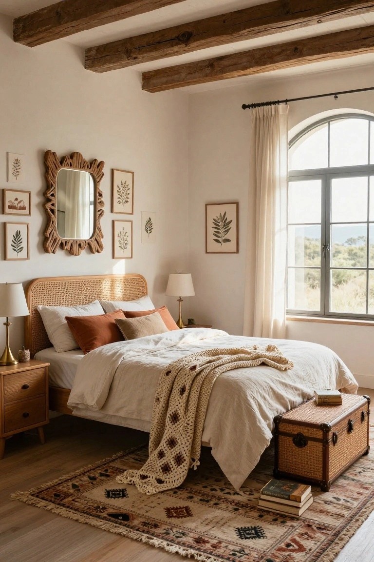 Bedroom interior featuring a rattan headboard on a bed with white linens and orange pillows, wooden exposed ceiling beams, arched window with sheer curtains and mountain view, wooden nightstand, and wicker trunk with books.
