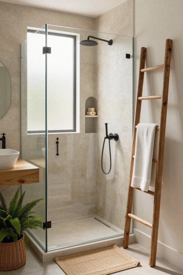 Beige tiled bathroom with glass shower enclosure, black fixtures, wooden ladder holding white towels, wooden sink vanity, round mirror, potted fern, and seagrass mat.