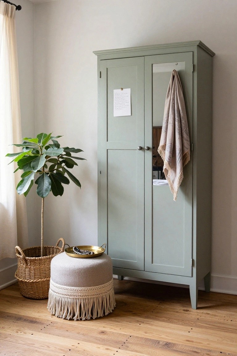 Tall sage green wooden armoire with double doors, a draped beige towel, and pinned note on the door stands in a white-walled room corner next to a potted green plant, woven basket, gold tray on fringed pouf stool, sheer curtained window, and hardwood floor.