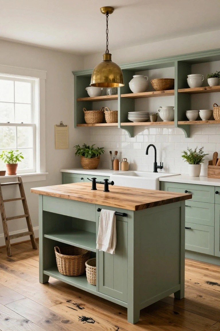 A farmhouse kitchen with sage green cabinets, wooden-topped center island, white farmhouse sink, brass pendant light, open wooden shelving stocked with pottery and wicker baskets, potted plants, and hardwood floors.