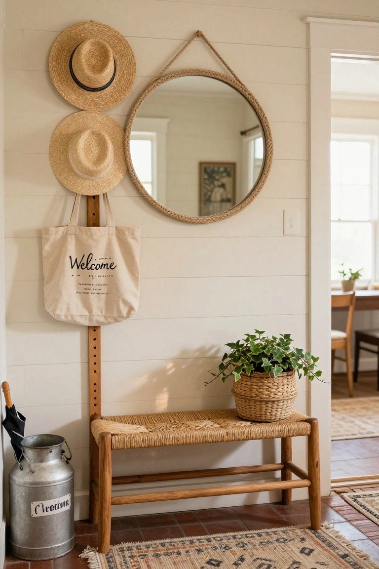 Entryway corner with wooden bench topped in rattan, two straw hats hanging on wall, round rope mirror, canvas tote bag on peg rail, ivy plant in woven basket, and metal milk can holding black umbrella against white shiplap wall.
