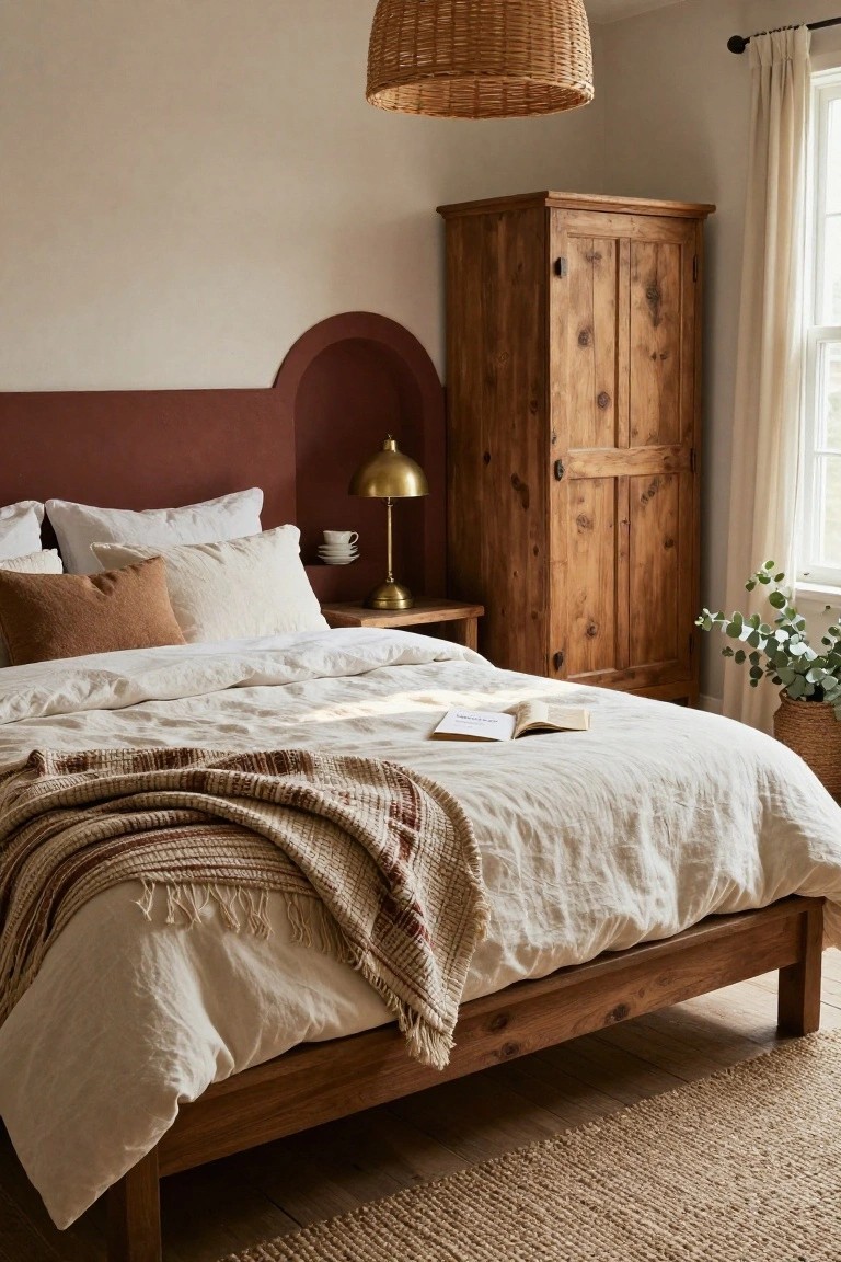 Bedroom with wooden bed frame draped in white linen bedding and multicolored throw, terracotta-painted arched wall behind headboard, tall wooden wardrobe, brass lamp on wooden nightstand, rattan pendant light overhead, seagrass rug on floor.