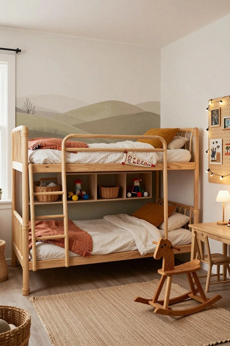 Light wood bunk bed with rattan accents and under-bunk cubbies holding wicker baskets and toys in a children's bedroom with hill mural, desk, rocking horse, and neutral rug.