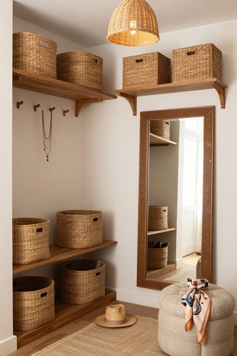 Walk-in closet interior with light wood open shelves holding multiple round and rectangular woven seagrass baskets, wooden wall hooks with hanging necklaces, a tall rectangular mirror with carved wood frame, a round beige upholstered ottoman with patterned scarf, straw hat on floor, and seagrass rug.