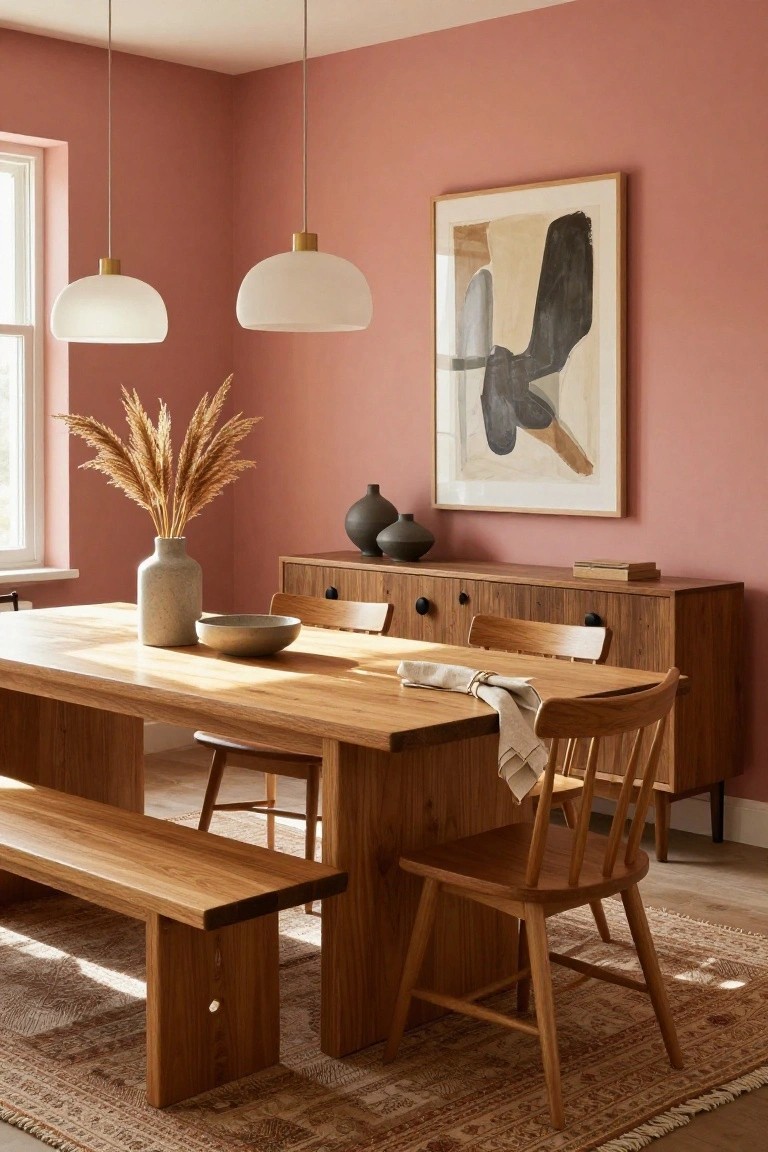 Dining room with blush pink walls, wooden dining table and benches, wooden chairs, sideboard with ceramic vases and pampas grass, abstract framed artwork, and two white globe pendant lights.