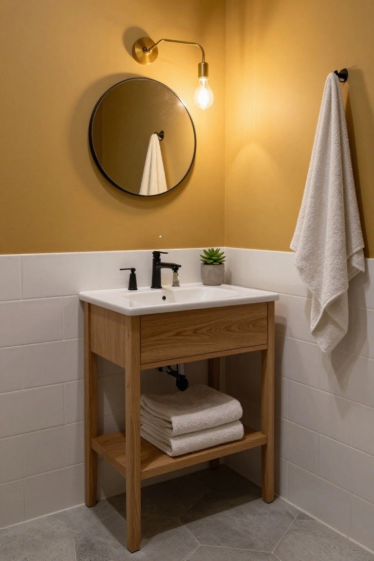 Bathroom corner with mustard yellow walls, white subway tile splashback, oak pedestal vanity under white sink with black faucet, round black mirror, hanging white towels, stacked towels on shelf, potted succulent, brass wall lamp, and gray hexagonal floor tiles.
