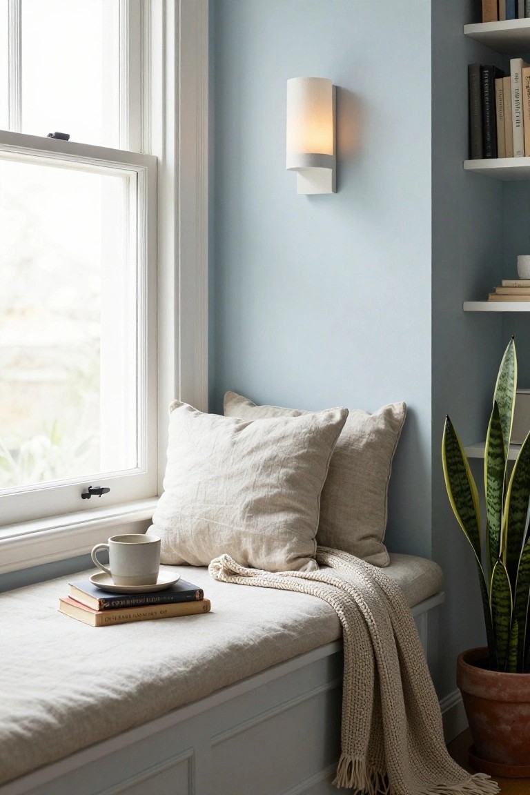 Cozy window seat with pale blue walls, white-framed window, linen pillows and throw blanket, teacup and books on the bench, snake plant in pot, bookshelves, and white wall sconce.