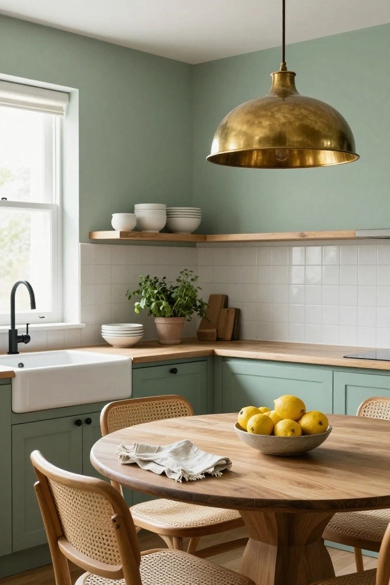 Kitchen with pale green walls and cabinets, white subway tile backsplash, wooden countertops and shelves, white farmhouse sink, brass pendant light, wooden table with lemons in a bowl, and rattan chairs.