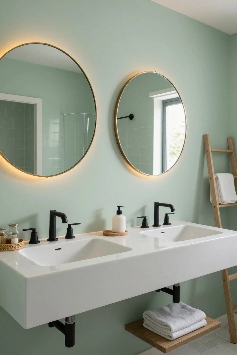 Modern bathroom with double white sinks, round backlit mirrors, and mint green walls.