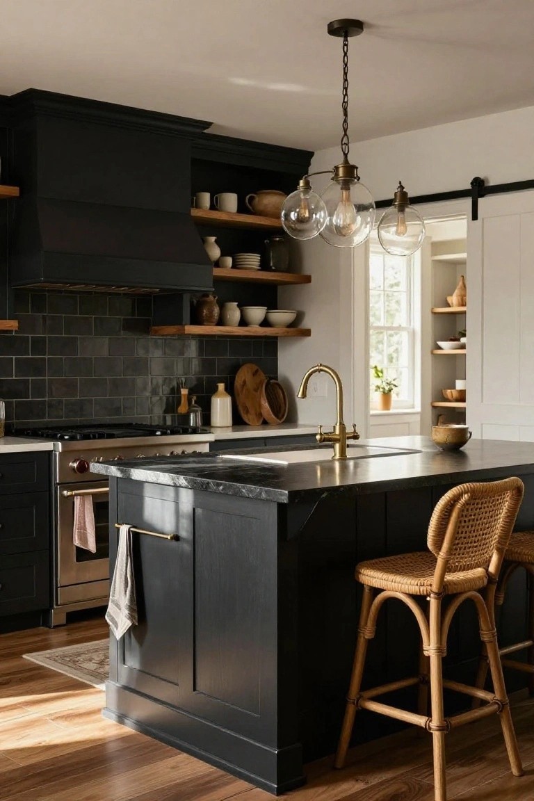 Kitchen interior with matte black cabinets and range hood, black subway tile backsplash, brass faucet on a dark island, rattan stools, wood open shelves, and a sliding barn door.