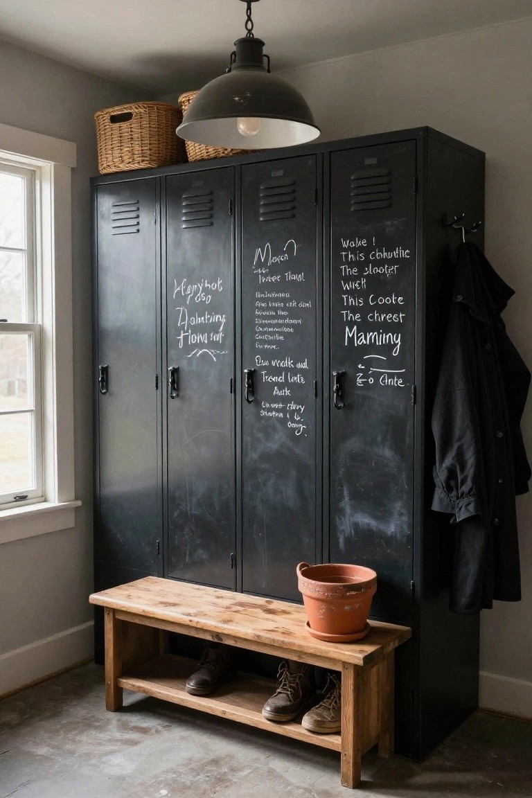 Mudroom interior with four tall black metal lockers having chalkboard panels with handwritten notes, topped by wicker baskets, a wooden bench below holding boots, a terracotta pot on the bench, and a black coat hanging on hooks.