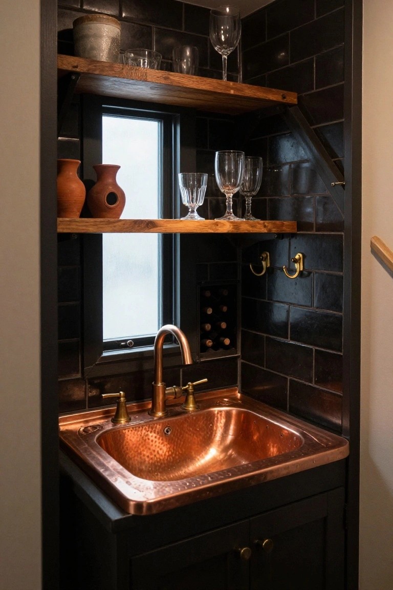 Compact indoor bar sink area with black glossy subway tile walls, wooden shelves displaying glassware and terracotta pots, hammered copper sink with brass faucet, built-in wine rack, and hooks on the wall.