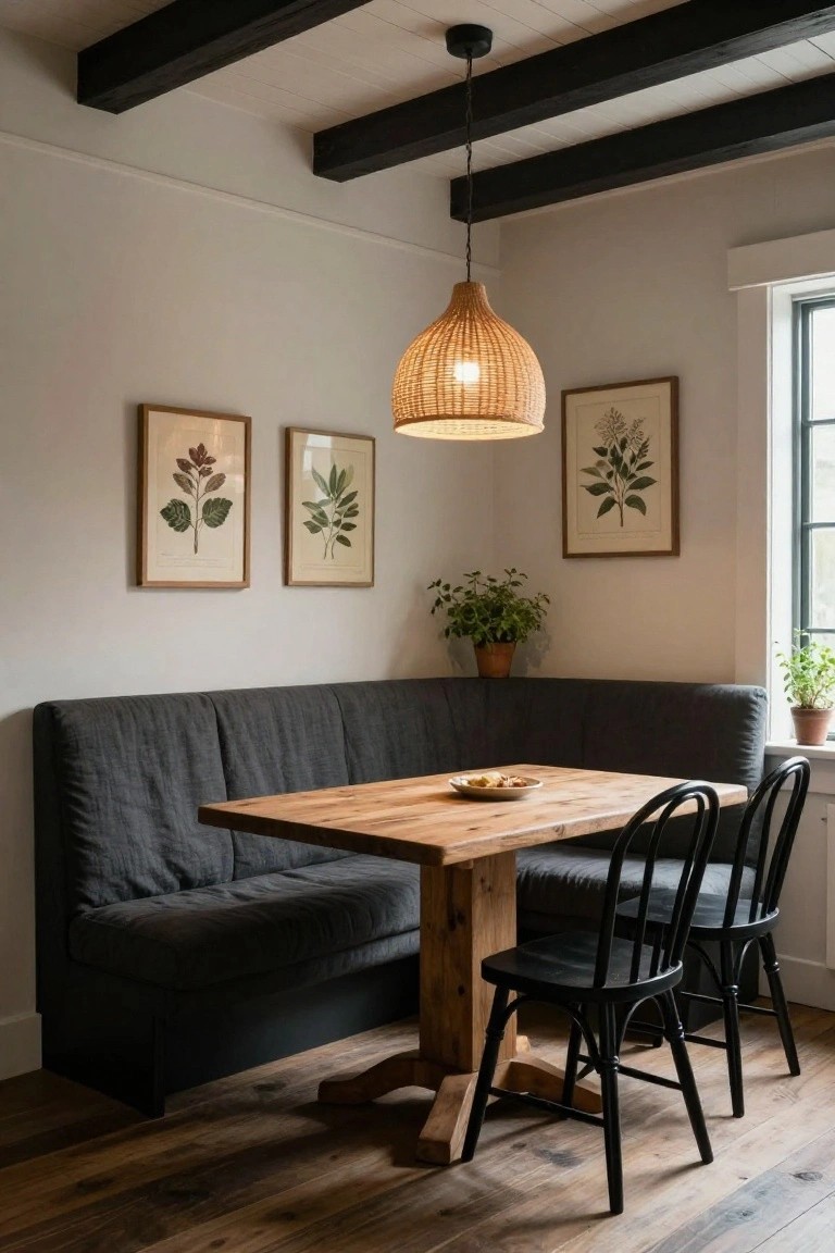 Corner booth with dark gray linen cushions around a rectangular wooden table, two black chairs nearby, rattan pendant light overhead, botanical prints on light walls, potted plants on windowsill and floor, hardwood flooring.