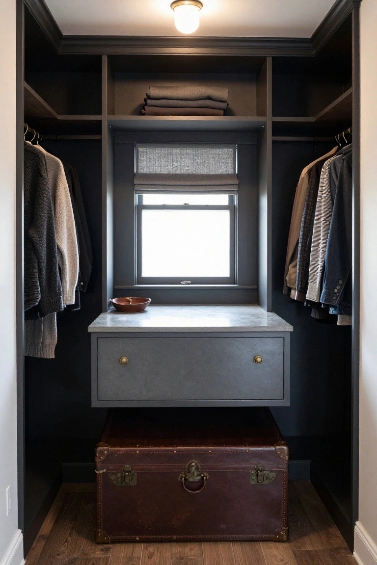 Walk-in closet featuring dark wood built-in wardrobes with hanging clothes on both sides, upper shelves with folded sweaters, a small window with roman shade, floating gray marble vanity with brass knob and red bowl on top, leather trunk on wooden floor, and ceiling light.