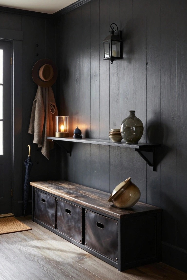 Dark shiplap-paneled entryway corner with wooden bench having black metal storage cubbies, floating shelf holding glass lamp ceramics and vase, coat umbrella hooks, hat on wall, and lantern wall light.