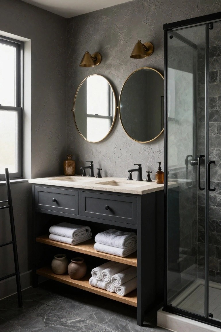A bathroom with gray textured walls, a dark double vanity topped with light stone sinks and black faucets, two large round gold-framed mirrors, brass sconces, open wooden shelving below holding white towels and brown pottery jars, a black metal ladder, and a glass shower enclosure with black frame.
