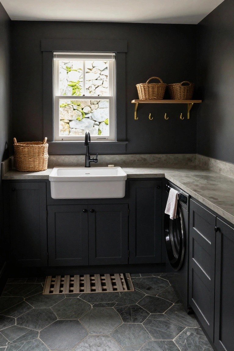Small interior laundry room featuring dark navy shaker cabinets, white farmhouse sink, black hexagonal slate floor tiles, front-loading washer, concrete countertops, and wicker baskets on wood shelves.