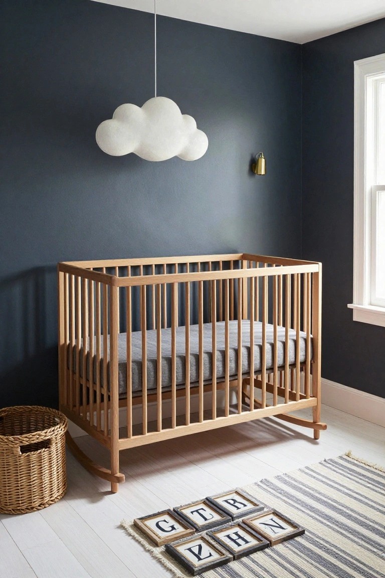 Nursery room with dark navy walls, wooden crib on white floor, hanging white cloud lamp, brass wall sconce, wicker basket, striped rug, and framed wooden letter blocks spelling a name.