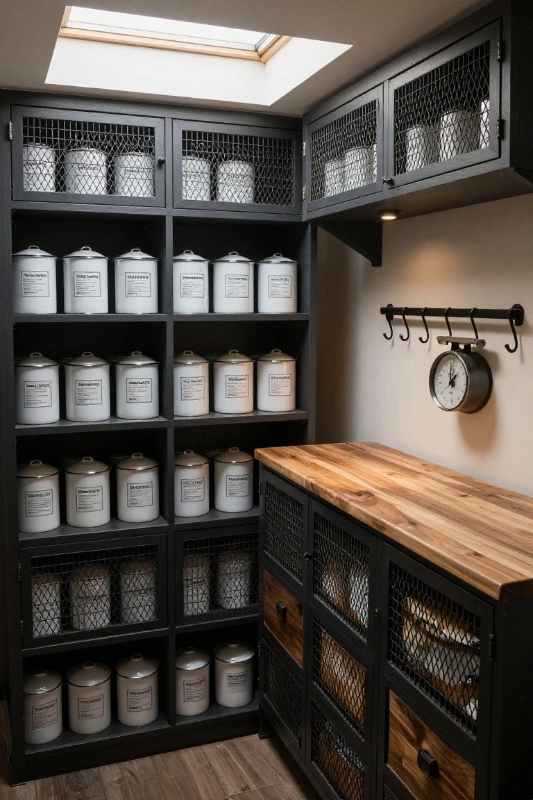 Corner pantry room featuring black metal cabinets with wire mesh doors filled with white labeled canisters on open shelves, wooden countertop below, hooks on wall, and skylight overhead.