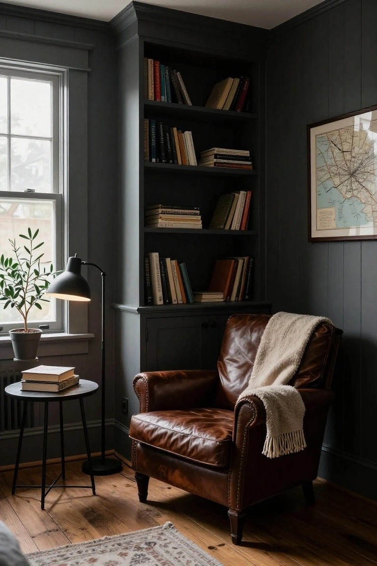 Corner reading nook with dark gray shiplap walls, built-in wooden bookshelves filled with books, brown leather armchair draped with white throw blanket, black floor lamp, potted plant, small round table with stacked books, and window in a room with hardwood floors.