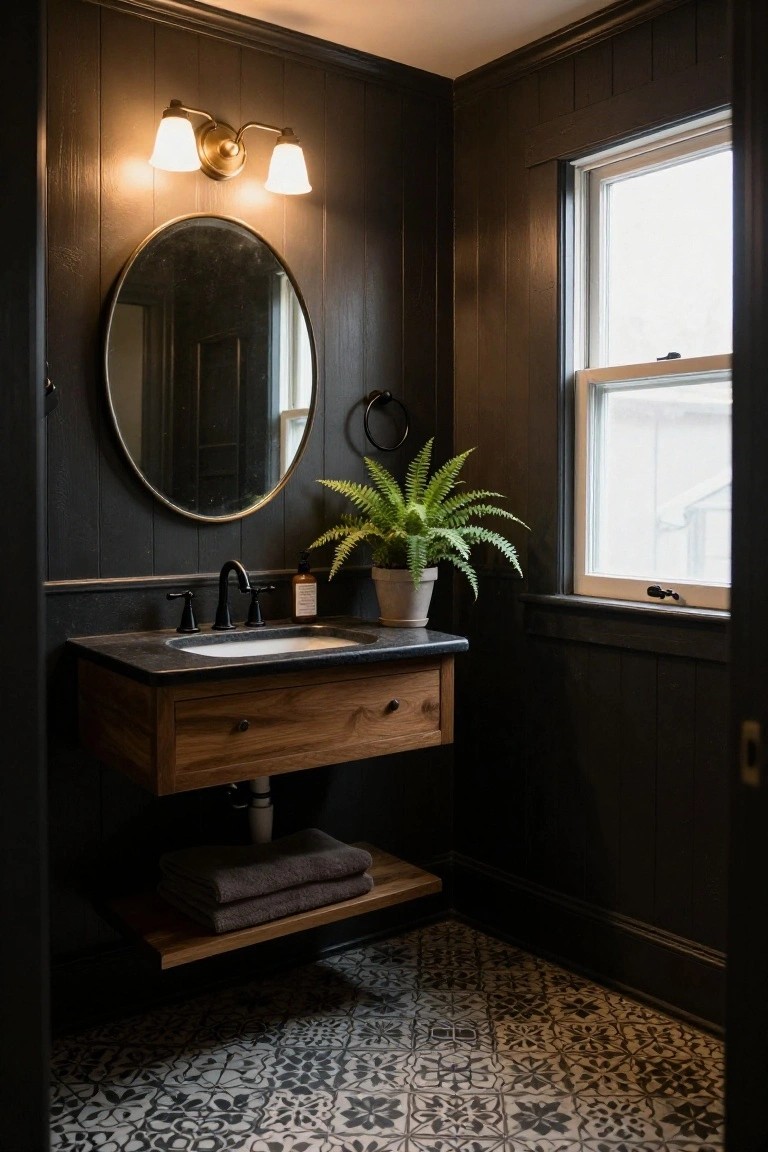 A small powder room with dark wood shiplap paneled walls, brass wall sconces, large round mirror, floating wooden vanity with black countertop and sink, potted fern plant, stacked towels, and black-and-white patterned tile floor.