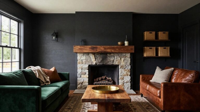 22 Dark Farmhouse Interior Ideas That Add Depth And Drama A living room with dark charcoal tiled walls surrounding a stone fireplace topped by a reclaimed wood mantle, green velvet sofa and chair, wooden coffee table, brass tray, woven baskets, and patterned rug.