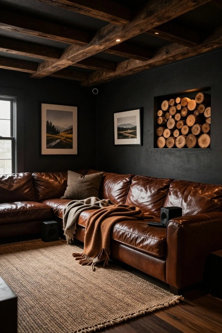 Corner of a dark-walled living room with exposed wood beam ceiling, two framed landscape photos on walls, a niche filled with stacked wood logs, L-shaped brown leather sofa with pillows and wool throw blanket, jute rug on wood floor, and subwoofer speakers.