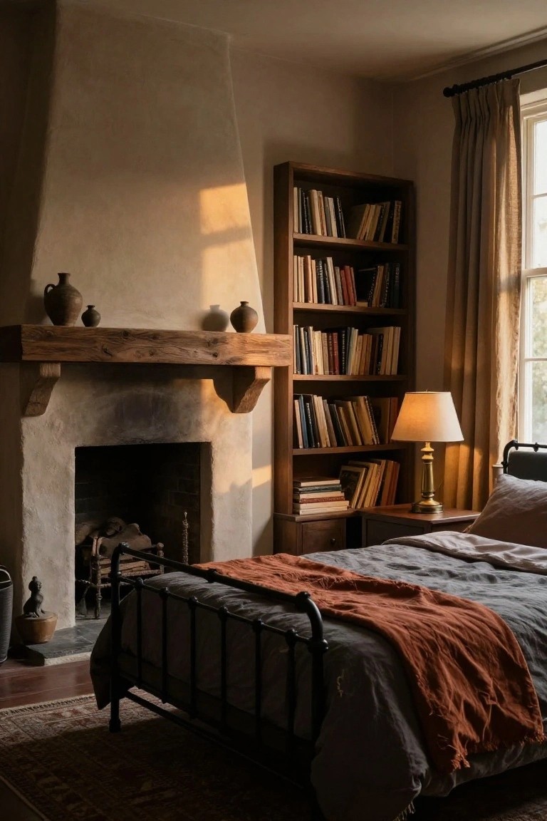 Bedroom with tall rough plaster fireplace, wooden mantel with pottery, adjacent wooden bookshelves, black iron bed with gray sheets and orange throw, lamp on side table, curtains on window, and area rug on wood floor.