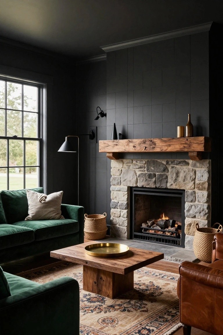 A living room with dark charcoal tiled walls surrounding a stone fireplace topped by a reclaimed wood mantle, green velvet sofa and chair, wooden coffee table, brass tray, woven baskets, and patterned rug.