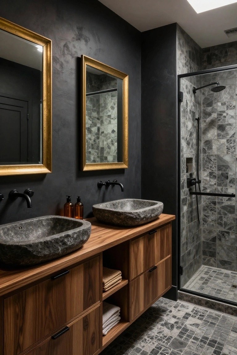 Bathroom interior with two large gray stone vessel sinks on a walnut wood vanity cabinet with open shelving and black faucets, gold-framed mirrors on dark textured walls, and a glass shower with gray mosaic tile floor and walls.
