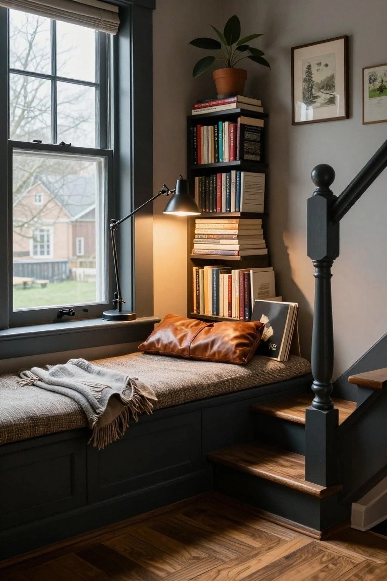 Cushioned window seat with leather pillow and gray throw blanket on a bench under a large window, flanked by black bookshelves filled with books, a black gooseneck lamp lit up, and a dark wood staircase in a gray-walled room with view of brick house and yard outside.