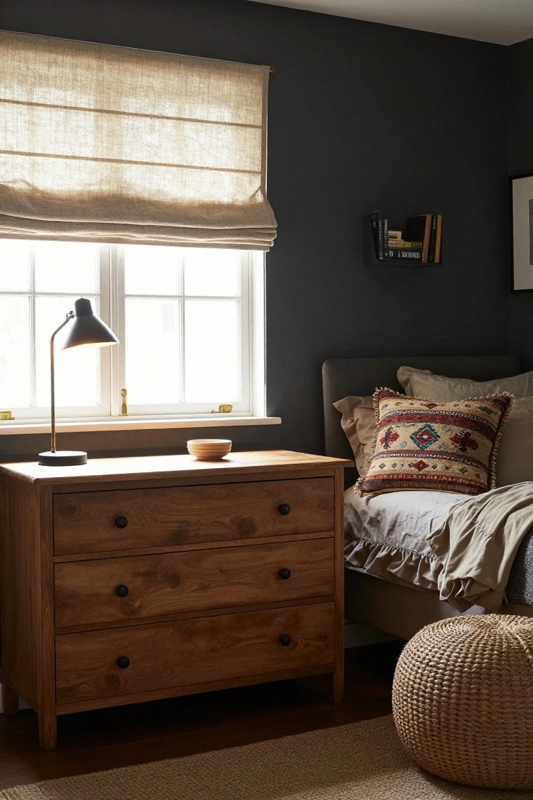 Bedroom corner with dark gray walls, wooden three-drawer nightstand holding a black lamp and wooden bowl, upholstered bed with patterned pillows and beige bedding, linen roman shade on white window, bookshelf on wall, and wicker pouf on floor.