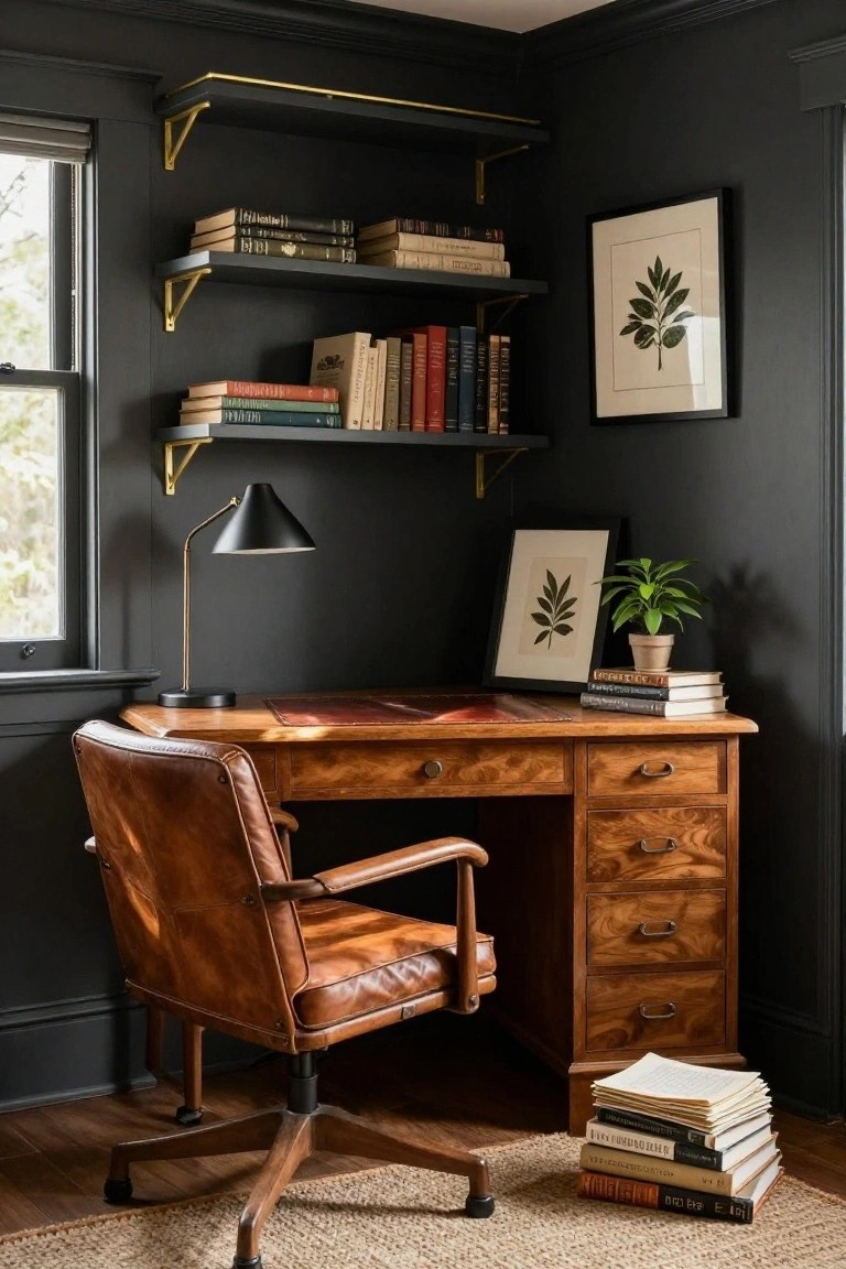 Corner home office with dark gray walls, wooden desk topped with red leather blotter, tan leather swivel chair, brass floating shelves holding books, adjustable desk lamp, potted plant, and framed leaf prints.