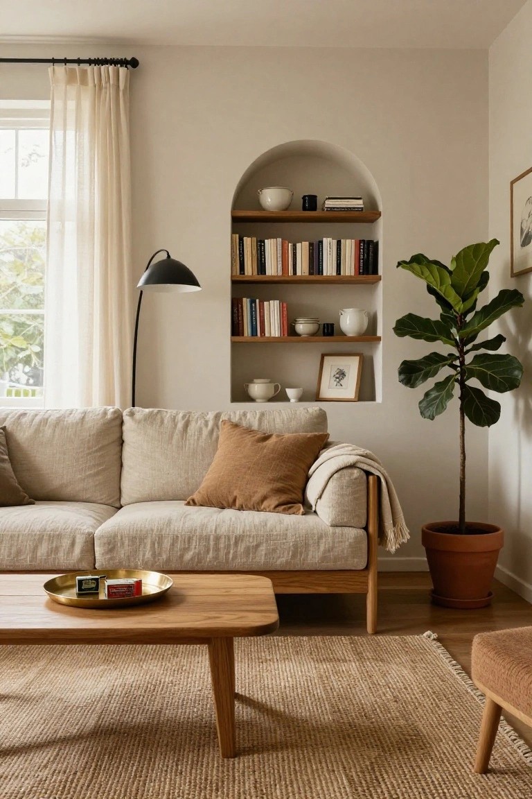 A light beige living room with a linen sofa, wooden coffee table on a seagrass rug, arched wall niche with wooden shelves holding books and ceramics, tall ficus plant in terracotta pot, black floor lamp, and sheer curtains over a window.