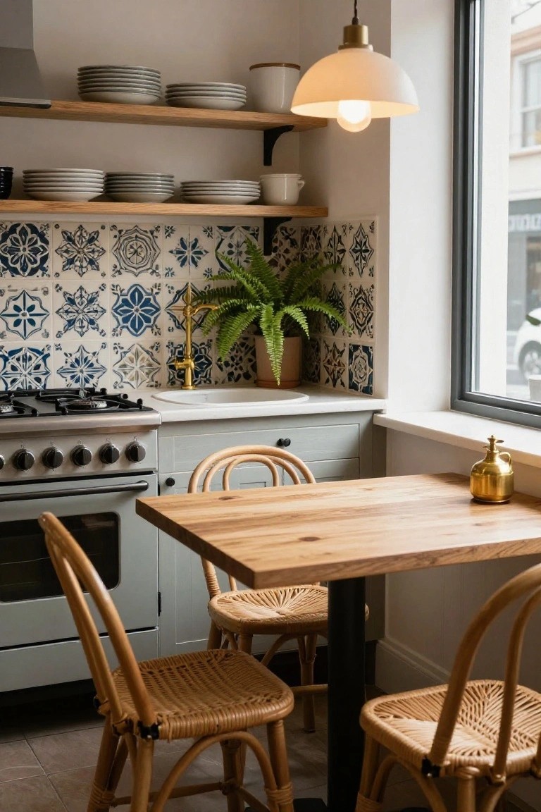 Apartment kitchen with blue and white geometric tile backsplash, gas stove, white sink with gold faucet, wood shelves with stacked plates, wood dining table, rattan chairs, and large window to street.