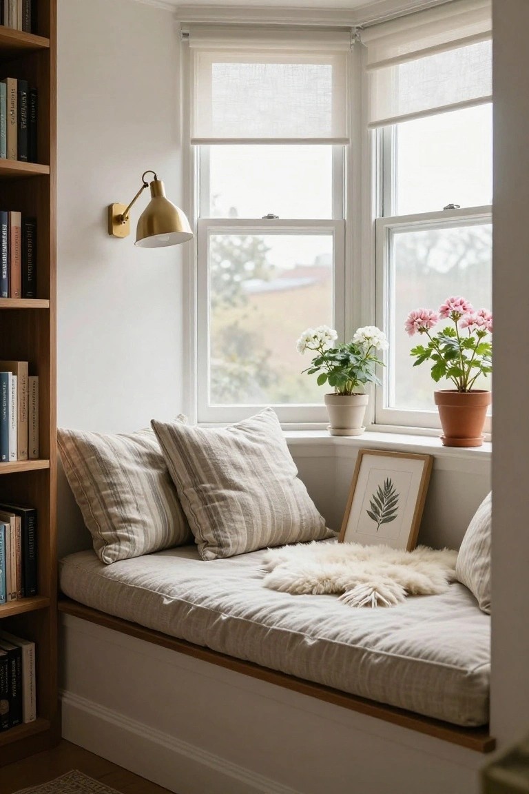 Bay window nook with built-in wooden bench cushion in beige linen, flanked by bookshelves, pillows, sheepskin rug, potted geraniums on sill, gold wall lamp, and framed leaf artwork.
