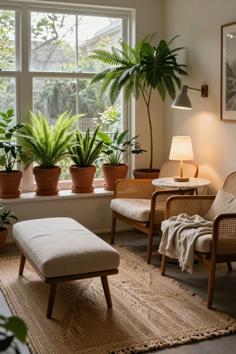 Light-filled room corner with multiple potted green plants in terracotta pots on a wide windowsill, two beige rattan armchairs with cushions around a small round marble-top table holding a lamp, a white fabric ottoman, and a woven jute rug on the wood floor.