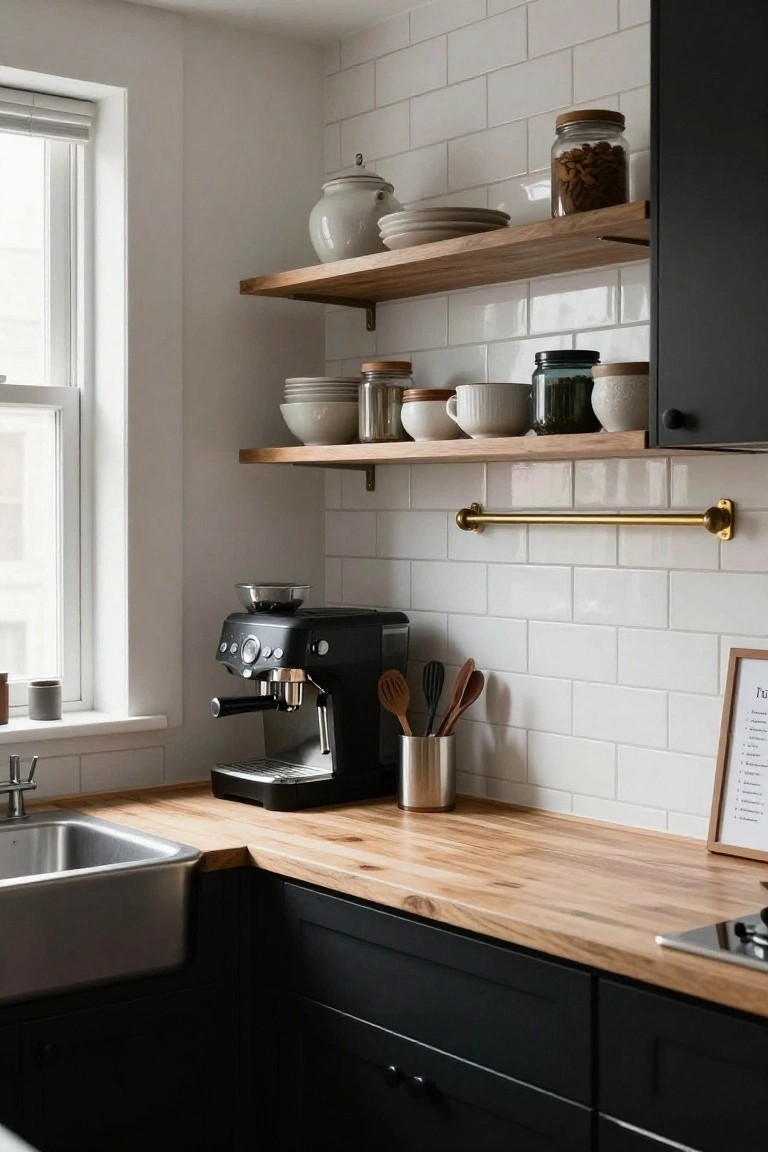 Corner view of a kitchen with black lower cabinets, light wood countertop and shelves, white subway tile backsplash, brass towel bar, sink, and black espresso machine.