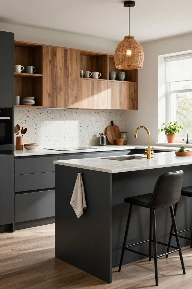 Modern kitchen featuring dark gray lower cabinets and base island, light oak upper cabinets, white terrazzo backsplash, induction cooktop, gold faucet, rattan pendant light, and two black leather bar stools at the marble-topped island.