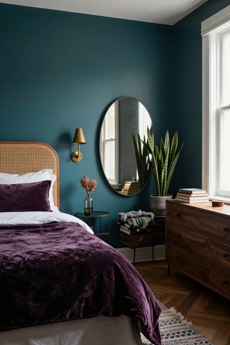 Bedroom with deep teal walls, rattan headboard bed draped in purple velvet bedding and white sheets, large round black-framed mirror next to a tall snake plant, gold wall sconce, side table with vase, wooden dresser, and hardwood floors.