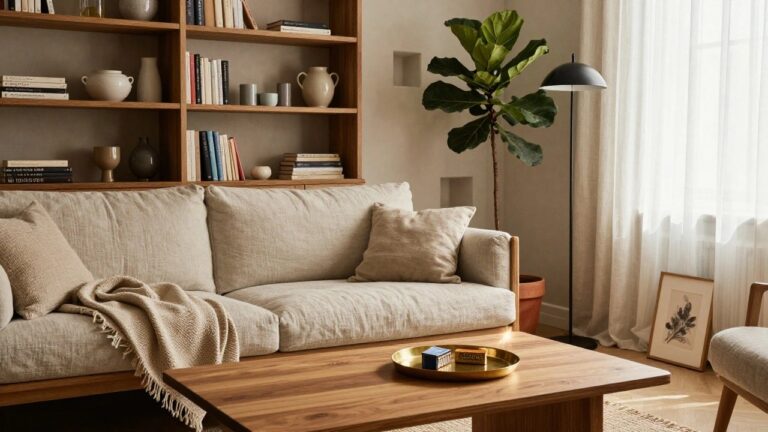 22 Elegant Apartment Style Interior Ideas That Feel Designer A light beige living room with a linen sofa, wooden coffee table on a seagrass rug, arched wall niche with wooden shelves holding books and ceramics, tall ficus plant in terracotta pot, black floor lamp, and sheer curtains over a window.